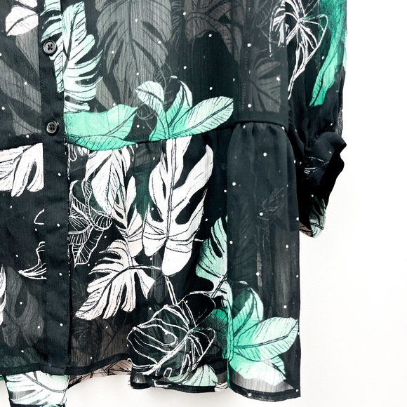Love & Legend Black White & Green Long Sleeve Sheer Button-Up Blouse - Picture 5 of 10